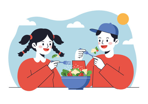 Two children enjoying a healthy salad outdoors, suitable for promoting healthy eating, family meals, summer activities, and nutrition education.