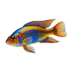 Fototapeta premium Vivid, colorful fish with vibrant blue, gold, and orange hues, isolated on black background