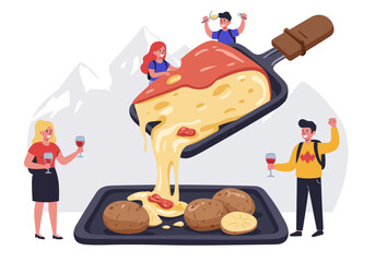 People enjoy raclette meal with potatoes and wine in the mountains. Perfect for food blogs, restaurant promotions, and travel websites.