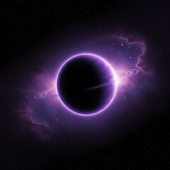 Mystical planet with glowing rings in a dark starry night cosmic backdrop