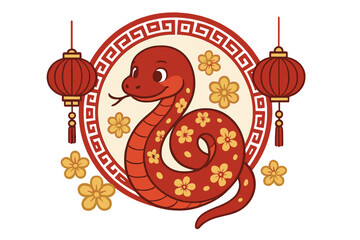 Chinese zodiac Year of the Snake 2026 greeting banner. Cute cartoon snake character with flowers and traditional lanterns. Asian lunar new year vector paper cut illustration.