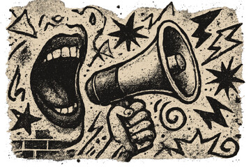 Halftone grunge collage with mouth yelling in loudspeaker. Announcing final sale, crazy promotions. Graffiti vintage elements on retro poster for protest or advertising.