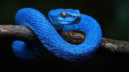 Fototapeta premium A vibrant blue viper coiled elegantly on a dark branch, striking and exotic.