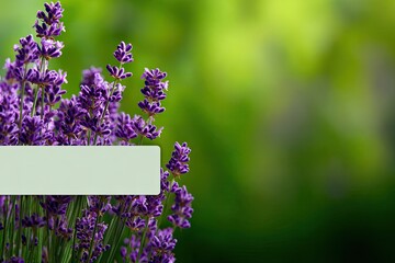 A vibrant bunch of purple flowers with a blank label, set against a soft green backdrop