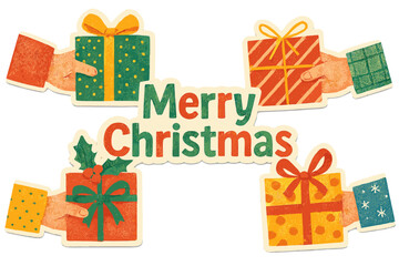 Merry Christmas vector illustration in a retro paper collage style. Hands holding and giving colorful decorated gift boxes or presents. Holiday season design element sticker set.