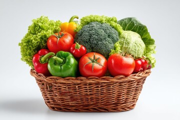 A wicker basket overflows with vibrantly colored fresh produce against a neutral background