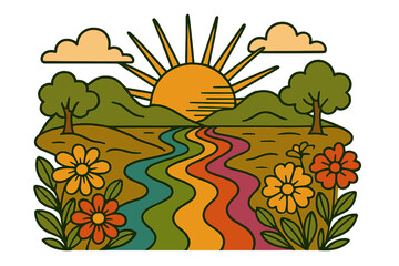 Retro psychedelic landscape with rainbow river, flowers, and sunset. Vintage hippie background in 70s groovy style. Hand drawn contour vector for peace and love posters.
