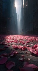 A sun-drenched city street is awash with pink flower petals, viewed from ground level