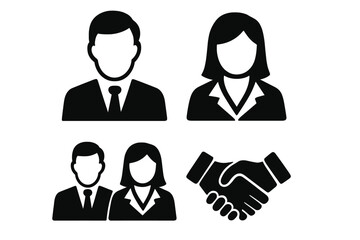 Business people vector icon set. Man and woman professionals, teamwork, partnership, and collaboration concepts. Corporate employee and handshake graphic elements for design.