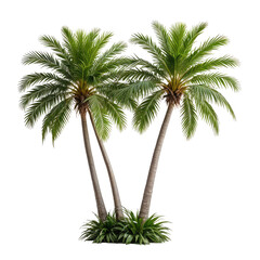 Fototapeta premium Two palm trees with lush green fronds, isolated against a black background