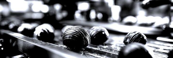 Chocolate confections being crafted on a production line in a bakery during daytime hours