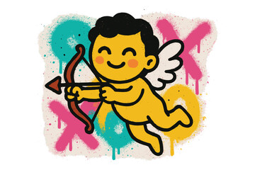 Spray graffiti winged cupid emoji with bow and arrow, colorful abstract shapes, XOXO lettering, 90s vintage street art style, grunge urban vector illustration for greeting cards and posters