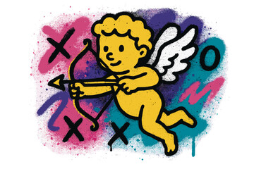 Spray graffiti style winged cupid emoji with bow and arrow, colorful abstract shapes, XOXO lettering, trendy 90s vintage street art design, grunge greeting card vector illustration