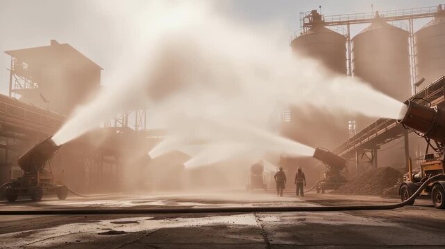 Closeup medium shot of dense fog emitted over a dusty industrial area showcasing advanced atmospheric dust suppression methods in action.