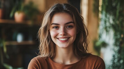 Obraz premium A young woman smiling confidently, looking directly at the camera, conveying positivity and approachability.