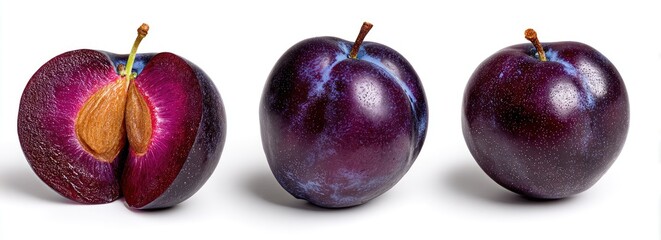 Three purple fruits displayed, one halved showing a tan pit, on a white background