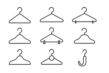 Clothing hanger outline icon set. Minimalist linear web pictograms for fashion and retail. Vector collection of wardrobe, closet, apparel, and laundry symbols with editable stroke.