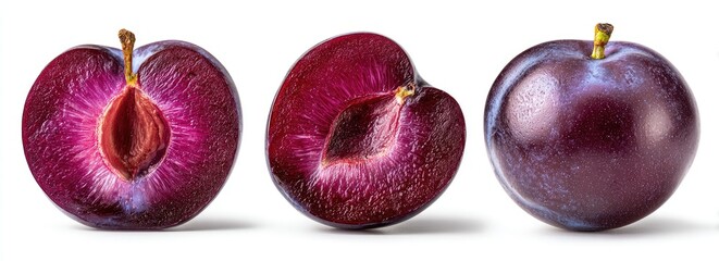 Three ripe plums two cut open, revealing juicy interior, and one whole, all against white