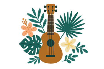 Tropical ukulele with vibrant leaves and flowers, wooden acoustic guitar illustration for music store poster, rock band banner, hand-drawn flat vector design with island vibe and summer theme