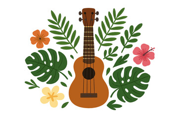 Tropical ukulele with wooden acoustic guitar surrounded by lush green leaves, colorful hibiscus and plumeria flowers, music instrument design, summer vibe, island sound, vector hand-drawn illustration