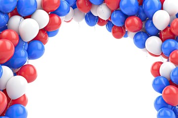Red, white, and blue balloons form an arch, framing a white space, celebrating