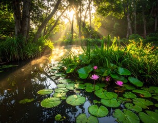 Sunrise over a tranquil pond in a lush forest