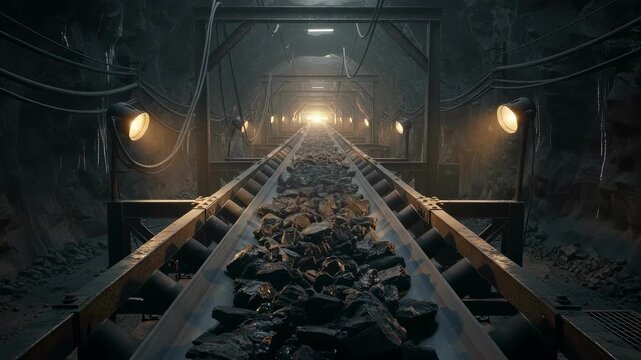 Industrial metal conveyor belts moving loaded coal chunks smoothly towards the surface in a dimly lit mining facility.