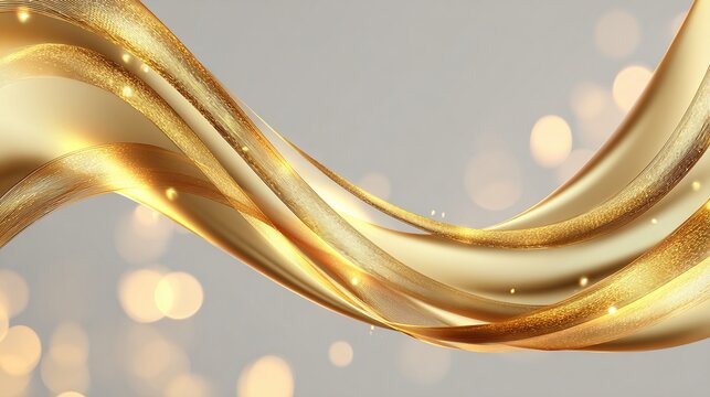 Elegant, flowing golden ribbons with glitter, soft bokeh lights, and a light gray background