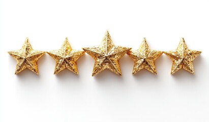 Five glittering golden stars arranged horizontally on a bright white surface