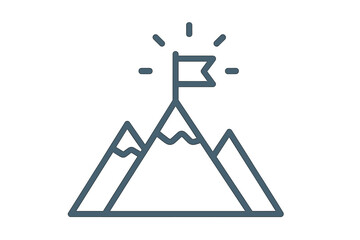 Mountain peak with flag vector icon. Metaphor for achievement, success, reaching a goal. Mission accomplished concept. Business leadership, strategy, winning, victory symbol.