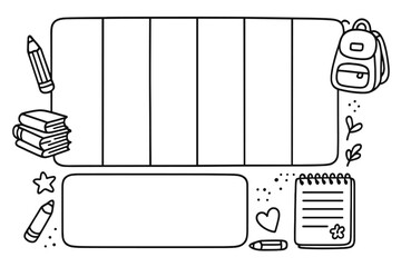 Weekly planner template with organizer and schedule, hand-drawn vector doodle illustration of school supplies, cute trendy kids planner with note space and creative design
