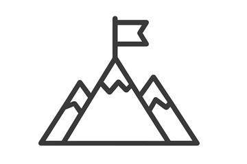 Mountain peak with flag line icon. Business success and achievement concept. Reaching a goal, mission accomplished. Symbol of leadership, victory, winning, top, and challenge.