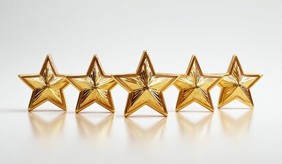 Five gold stars stand in a row on a reflective surface against a white background