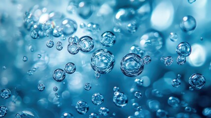 Abstract patterns of blue water bubbles, symbolizing purity, freshness, or hydration.