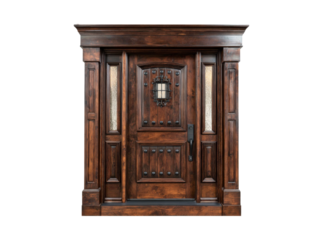 Elegant dark wood entry door with sidelights and transom, Isolated On Transparent Background, Png