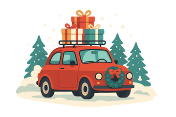 Christmas gift delivery by red retro car. Holiday travel concept with presents on roof. Vintage auto in winter snow landscape with fir trees and wreath. Flat vector design.