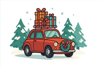 Red retro car with Christmas gifts on roof. Winter holiday travel. Festive vehicle delivering presents in snow. Xmas illustration. Cute cartoon auto with wreath. Happy New Year.