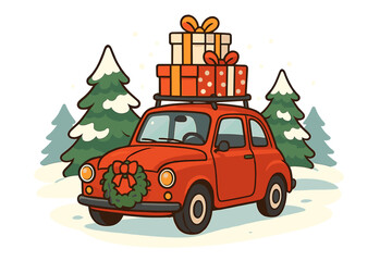 Christmas holiday concept. Classic red car carrying gift boxes on the roof in a snowy forest. Winter travel with presents. Retro vehicle with wreath. Flat vector illustration.