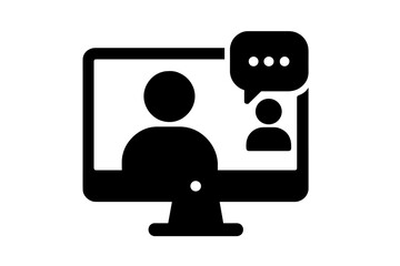 Video conference icon. Online call, virtual meeting on computer. People communication with chat bubble. Remote work, business team collaboration, webinar, teleconference concept.