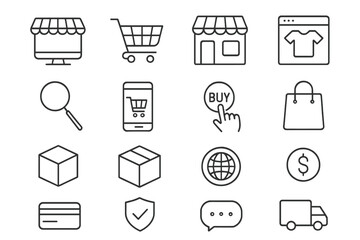 E-commerce, online shopping thin line icon set. Vector graphic symbols for internet business, digital market, mobile store. Includes delivery, payment, cart, search, sale.