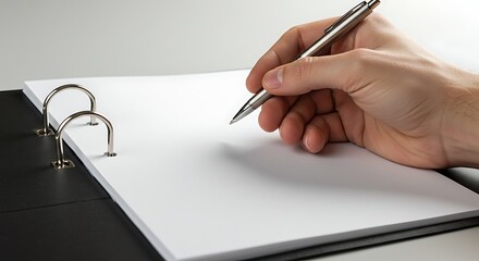 Person hand writing on a ring binder document, paperwork for business
