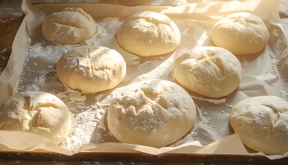 Bread roll dough proofing on flour-dusted baking sheet in warm kitchen light