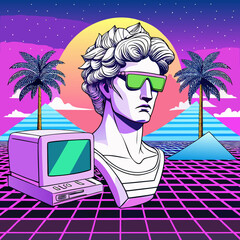 A vaporwave still life featuring a classical statue with neon sunglasses, a '90s computer monitor, and palm trees on a pastel grid. Ideal for nostalgic and ironic marketing.