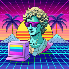A vaporwave still life featuring a classical statue with neon sunglasses, a '90s computer monitor, and palm trees on a pastel grid. Ideal for nostalgic and ironic marketing.