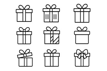 Naklejka premium Gift box line icon set. Present box outline vector icons for birthday, Christmas, or holiday celebration. Minimalist surprise package pictogram with editable stroke for design.