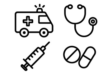 Medical and healthcare thin line icon set. Contains ambulance, stethoscope, syringe, and pills icons. Emergency, hospital, clinic, pharmacy and treatment vector symbols.