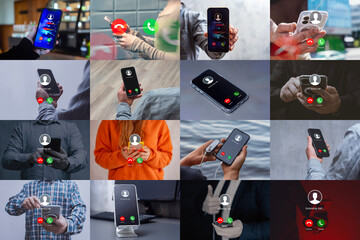 Collage of smartphones displaying incoming call screens in different contexts. Concept communication, technology, mobile connection and social interaction in modern digital lifestyle.