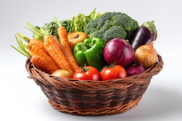 A woven basket overflows with an assortment of fresh, colorful vegetables