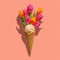 A vibrant composition of tulips and ice cream in a cone, on a pink background