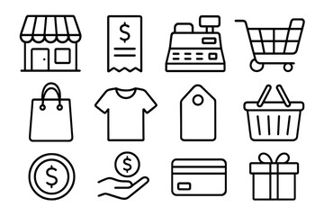 Shopping and retail thin line icon set. E-commerce and online store symbols. Store, receipt, cash register, cart, bag, tag, gift, payment, credit card, money vector.